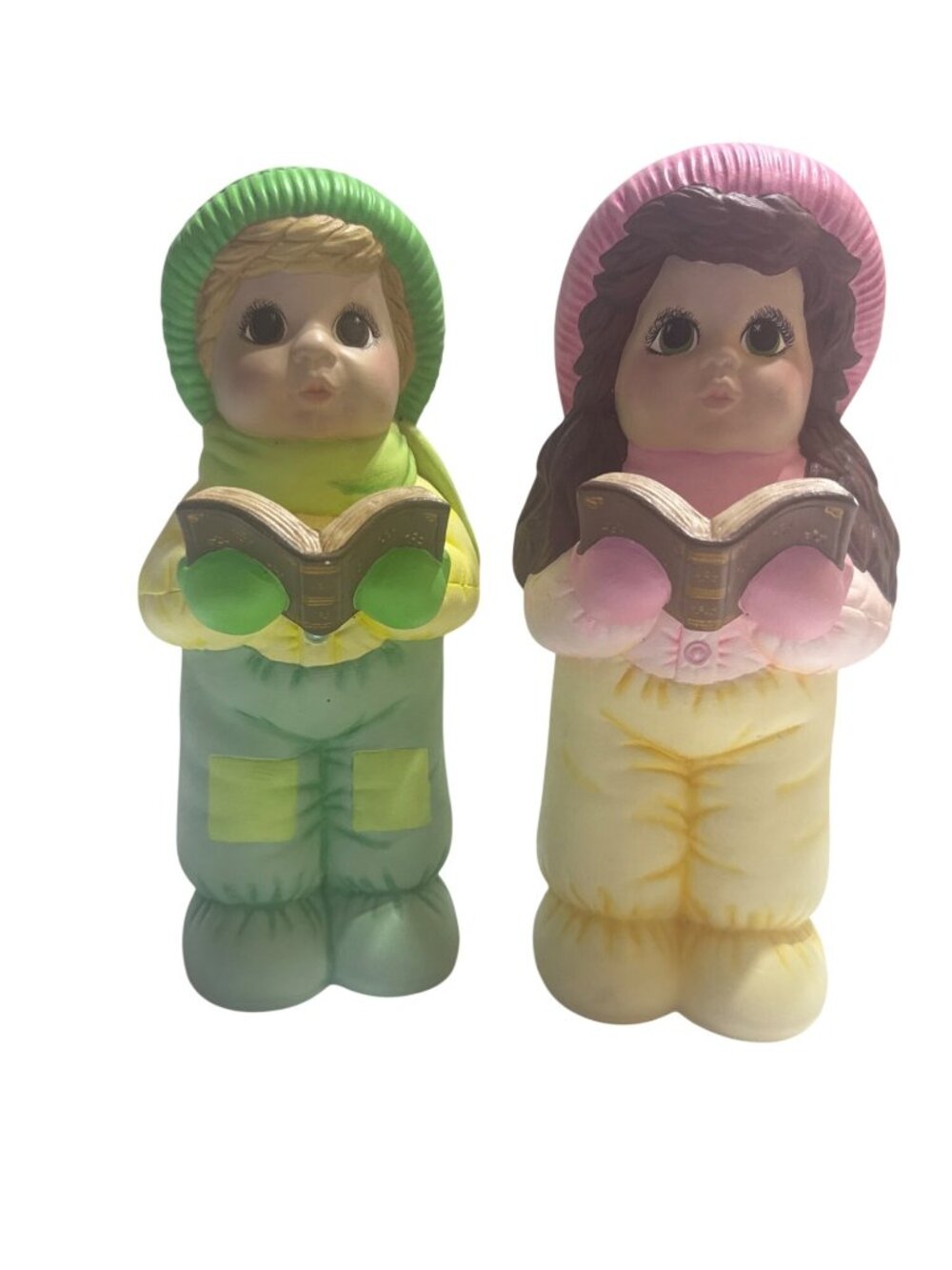 Vintage Ceramic Boy & Girl Carolers Pink and Green Winter Clothing Set Pair